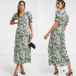 ASOS Design green floral print button up maxi tea dress with shirred waist
